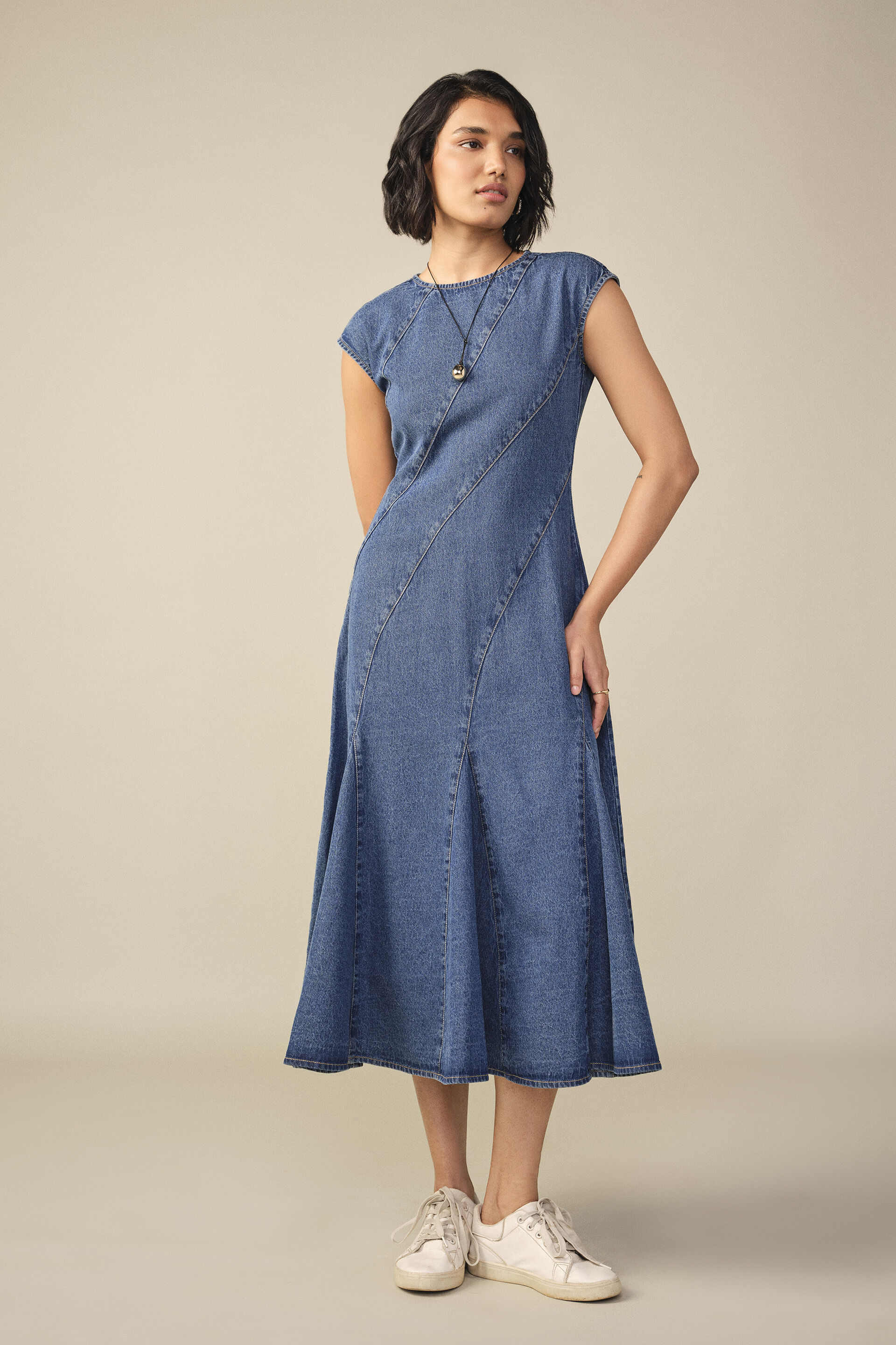Godet Denim Dress in Blue, Blue, image 1